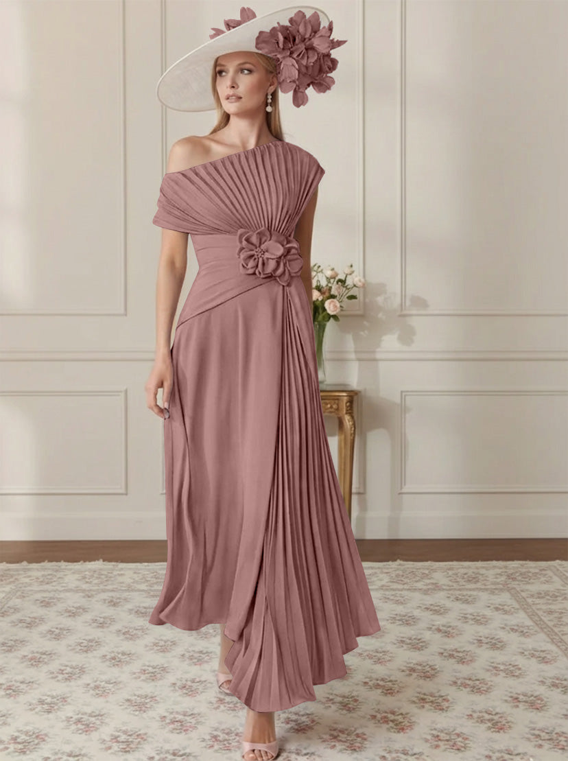 Robe Mère de la Mariée, Ligne A/Princesse, Hors de l'épaule, Crêpe Élastique, Manches Courtes, Plissé, Longueur de la Cheville