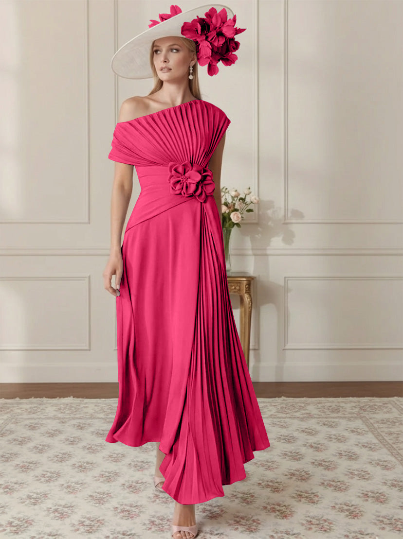 Robe Mère de la Mariée, Ligne A/Princesse, Hors de l'épaule, Crêpe Élastique, Manches Courtes, Plissé, Longueur de la Cheville
