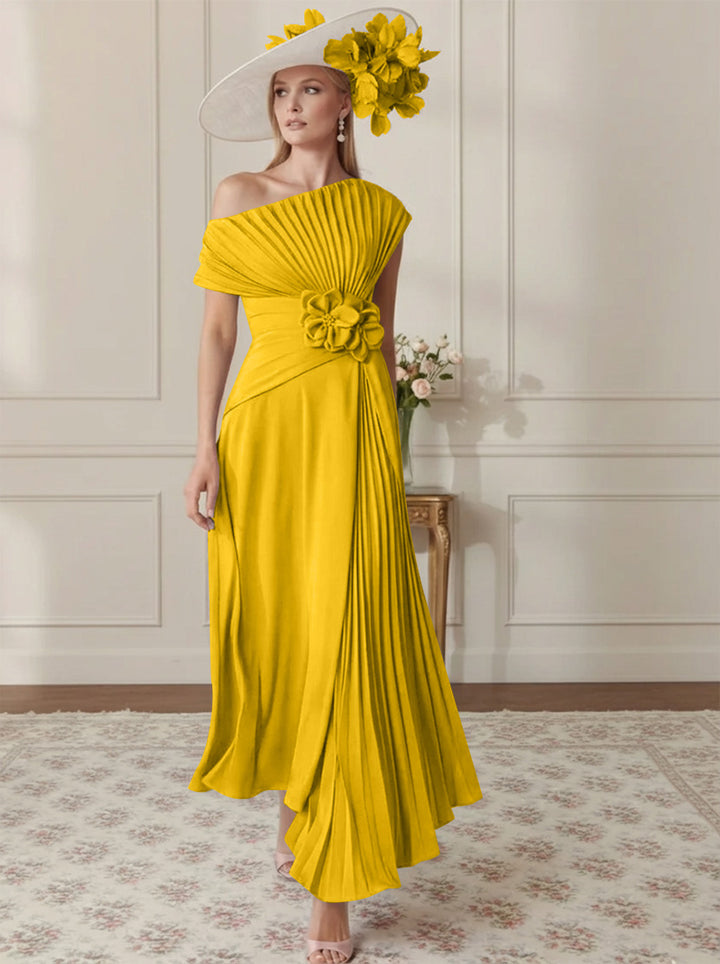 Robe Mère de la Mariée, Ligne A/Princesse, Hors de l'épaule, Crêpe Élastique, Manches Courtes, Plissé, Longueur de la Cheville
