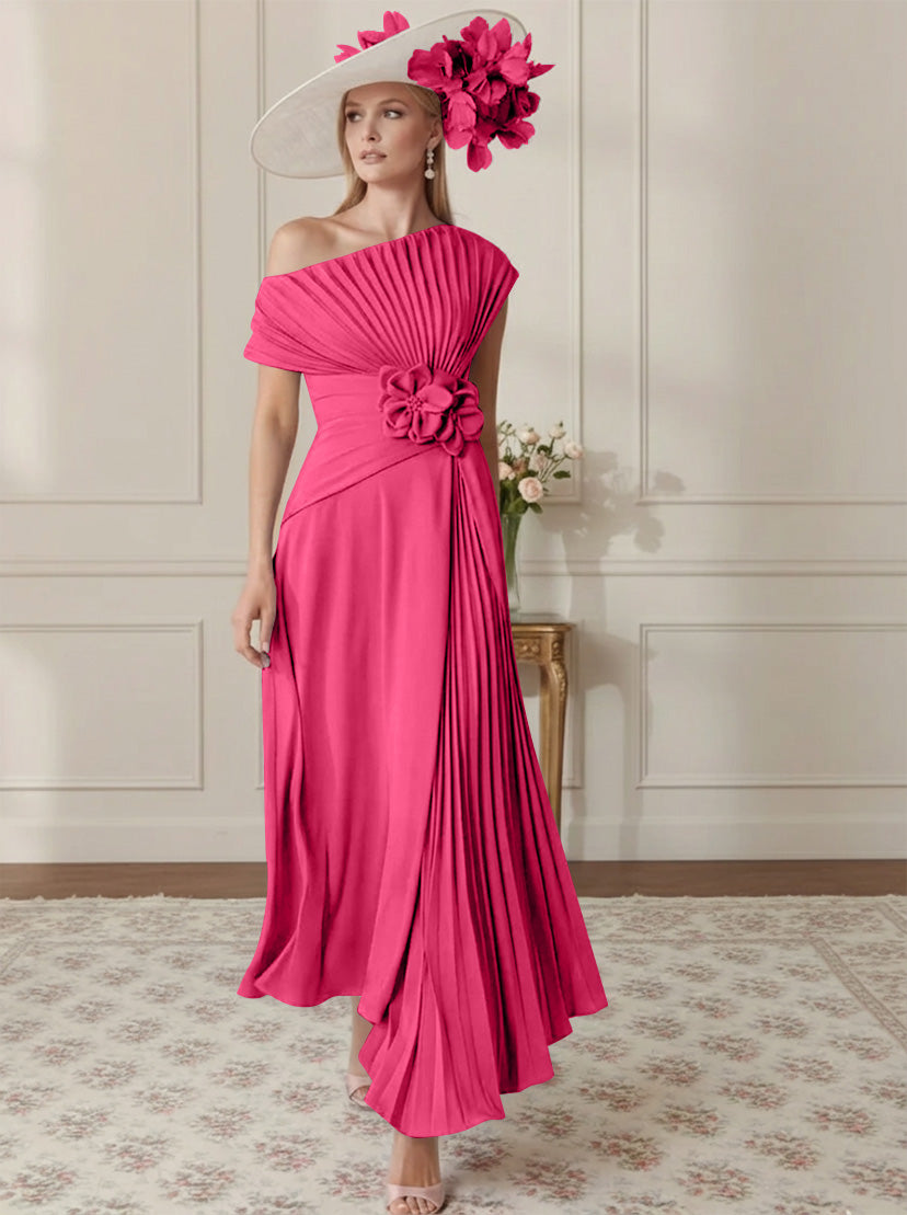 Robe Mère de la Mariée, Ligne A/Princesse, Hors de l'épaule, Crêpe Élastique, Manches Courtes, Plissé, Longueur de la Cheville