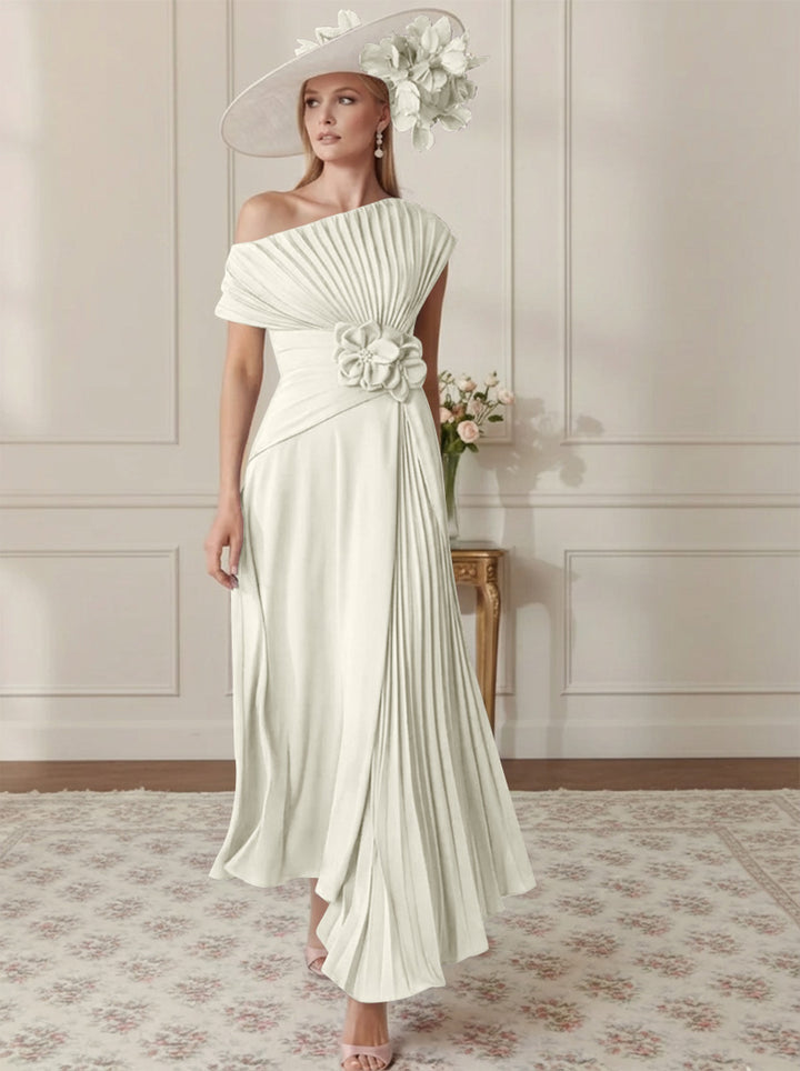 Robe Mère de la Mariée, Ligne A/Princesse, Hors de l'épaule, Crêpe Élastique, Manches Courtes, Plissé, Longueur de la Cheville