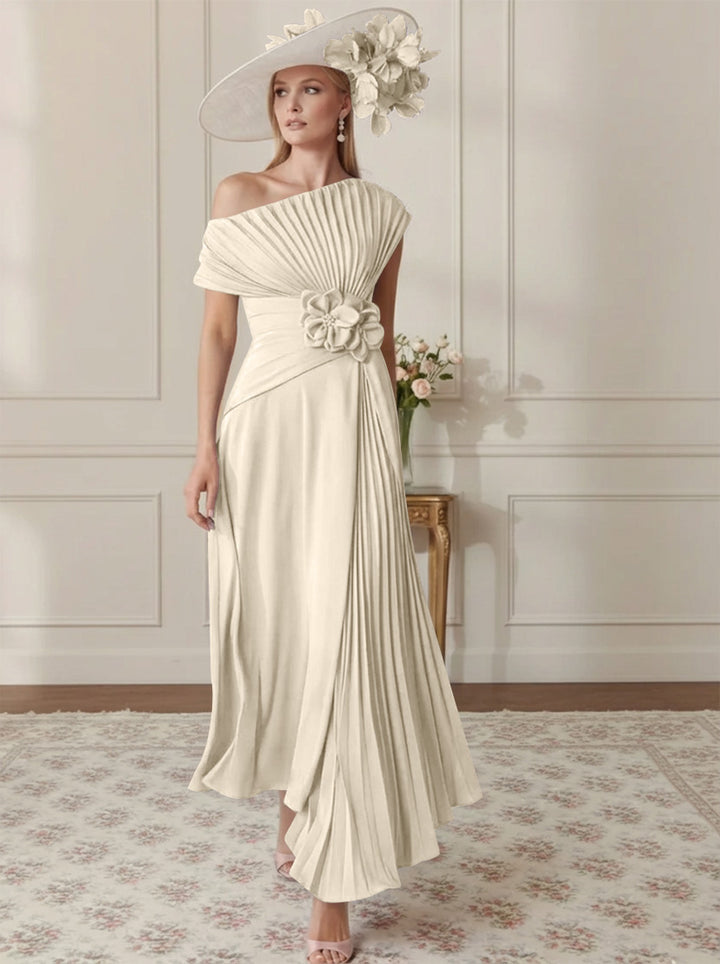 Robe Mère de la Mariée, Ligne A/Princesse, Hors de l'épaule, Crêpe Élastique, Manches Courtes, Plissé, Longueur de la Cheville