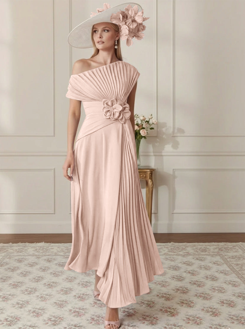 Robe Mère de la Mariée, Ligne A/Princesse, Hors de l'épaule, Crêpe Élastique, Manches Courtes, Plissé, Longueur de la Cheville