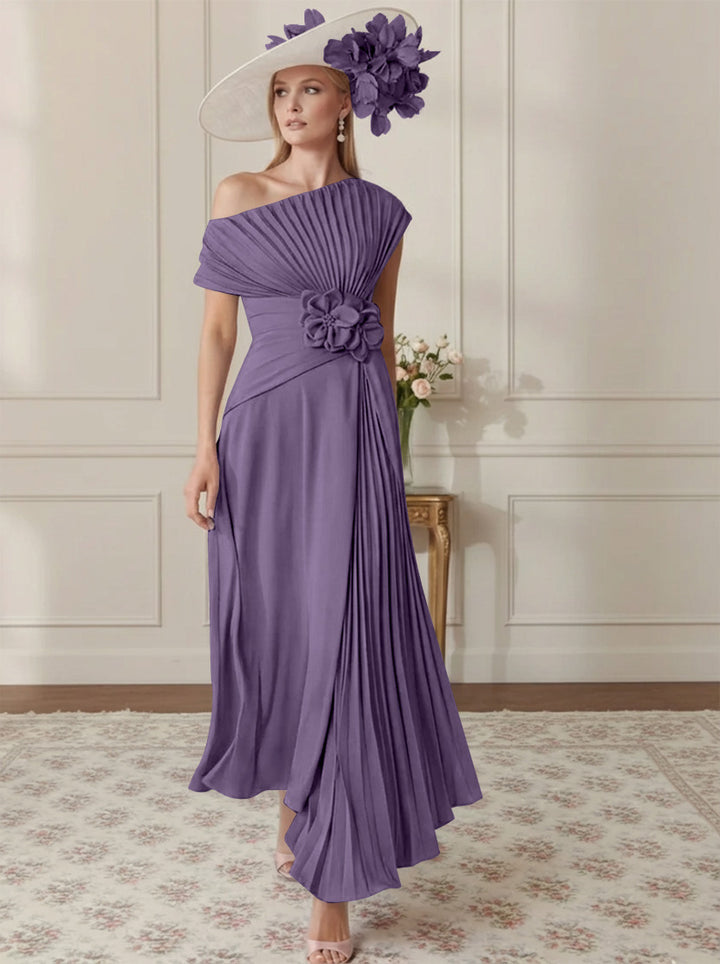 Robe Mère de la Mariée, Ligne A/Princesse, Hors de l'épaule, Crêpe Élastique, Manches Courtes, Plissé, Longueur de la Cheville