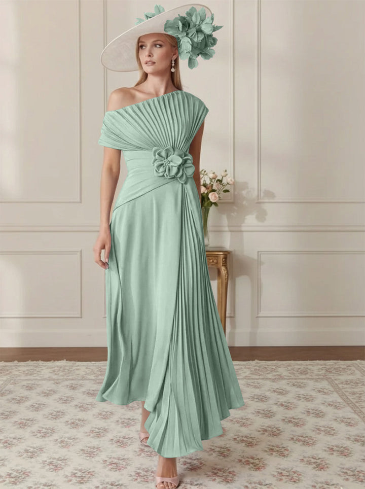 Robe Mère de la Mariée, Ligne A/Princesse, Hors de l'épaule, Crêpe Élastique, Manches Courtes, Plissé, Longueur de la Cheville