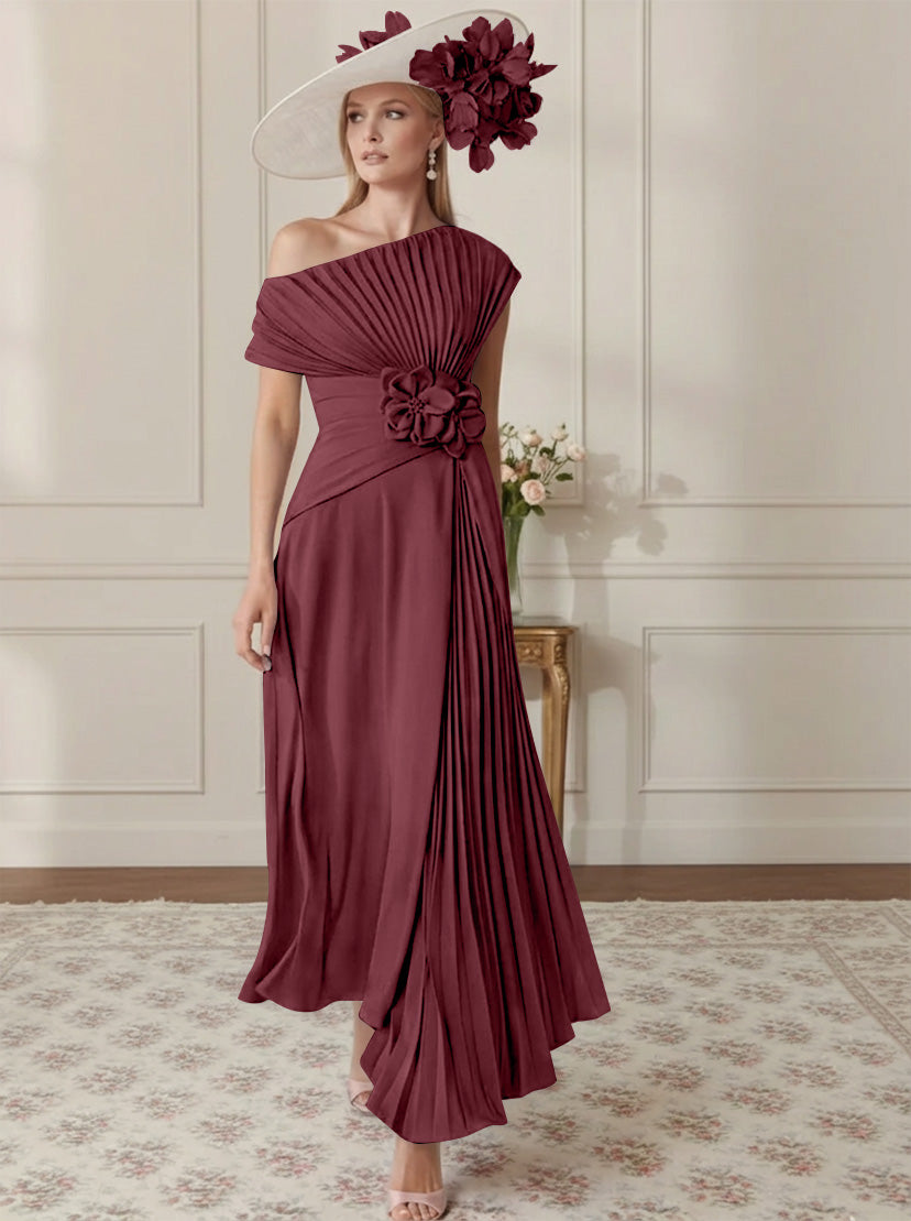 Robe Mère de la Mariée, Ligne A/Princesse, Hors de l'épaule, Crêpe Élastique, Manches Courtes, Plissé, Longueur de la Cheville