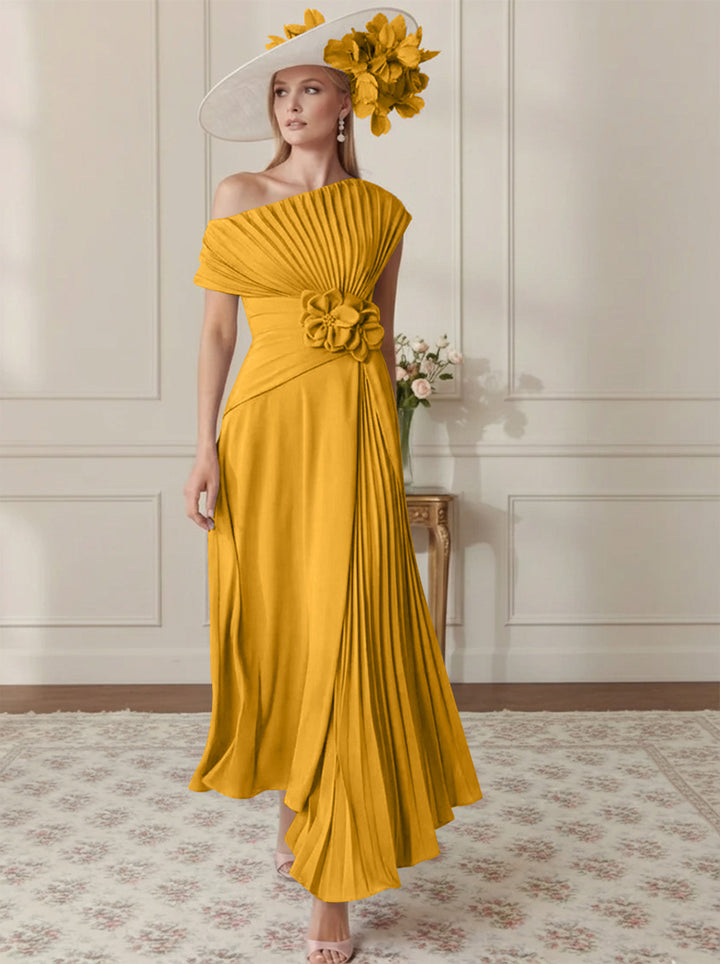 Robe Mère de la Mariée, Ligne A/Princesse, Hors de l'épaule, Crêpe Élastique, Manches Courtes, Plissé, Longueur de la Cheville