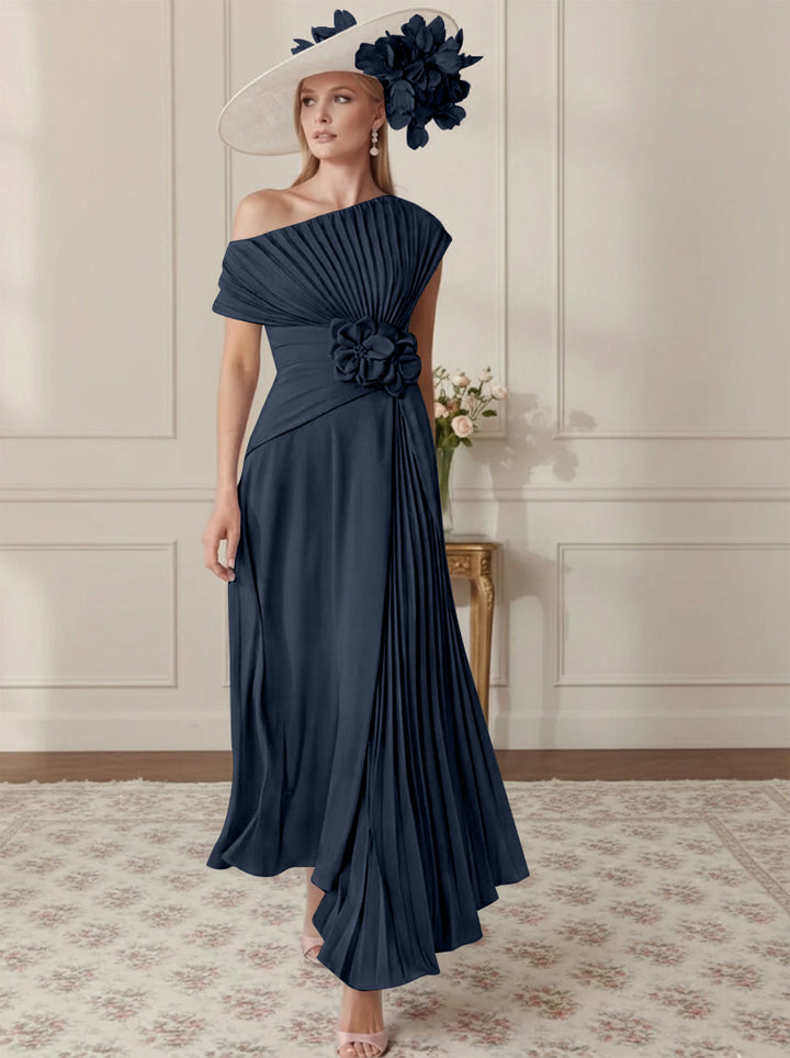 Robe Mère de la Mariée, Ligne A/Princesse, Hors de l'épaule, Crêpe Élastique, Manches Courtes, Plissé, Longueur de la Cheville