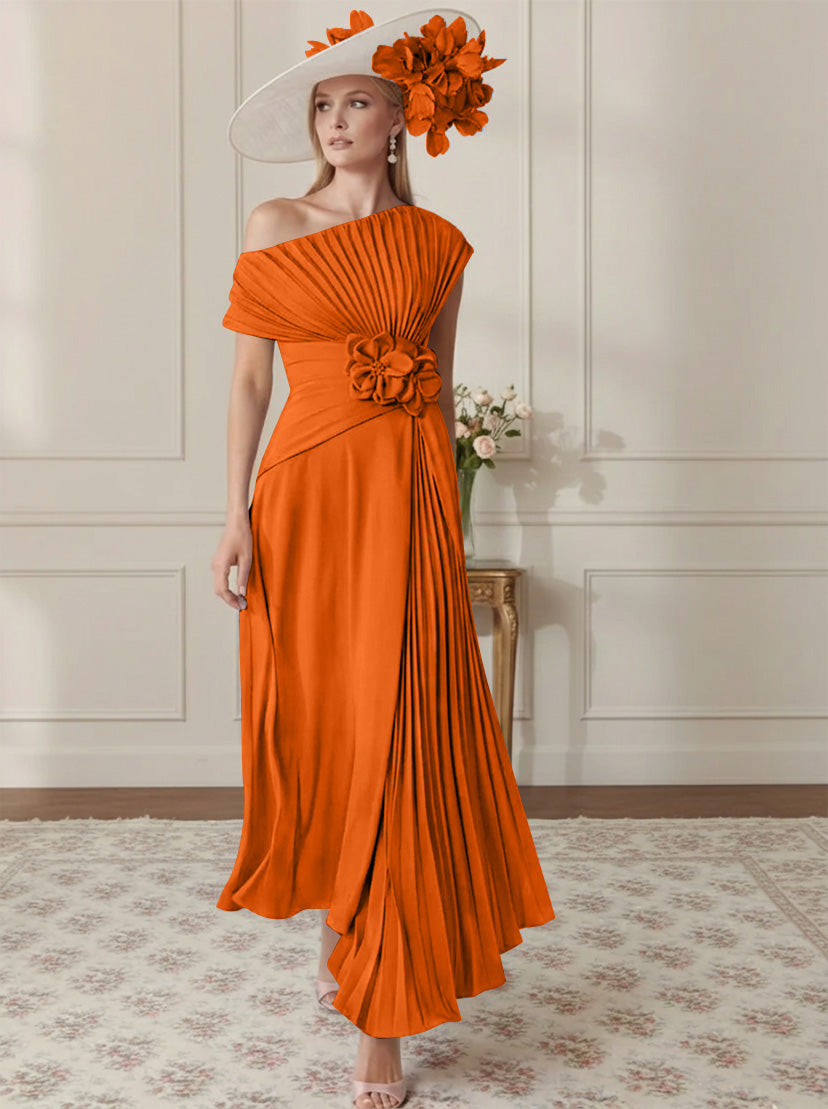 Robe Mère de la Mariée, Ligne A/Princesse, Hors de l'épaule, Crêpe Élastique, Manches Courtes, Plissé, Longueur de la Cheville
