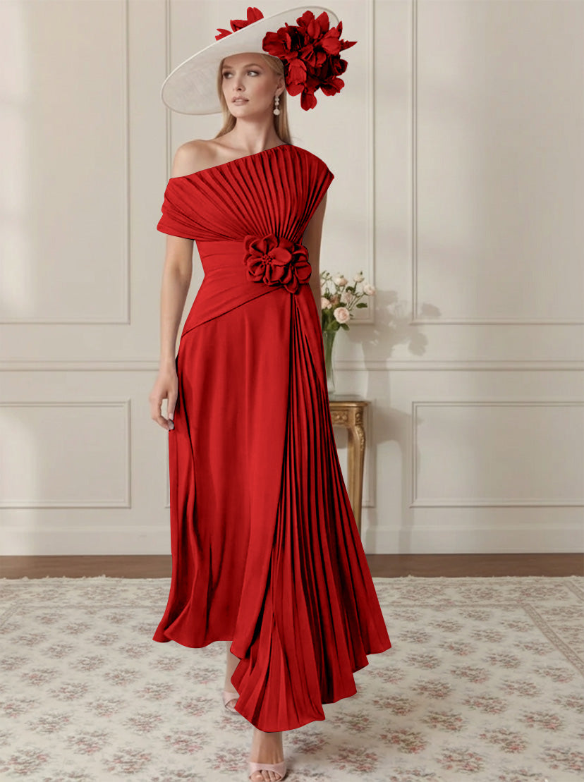 Robe Mère de la Mariée, Ligne A/Princesse, Hors de l'épaule, Crêpe Élastique, Manches Courtes, Plissé, Longueur de la Cheville