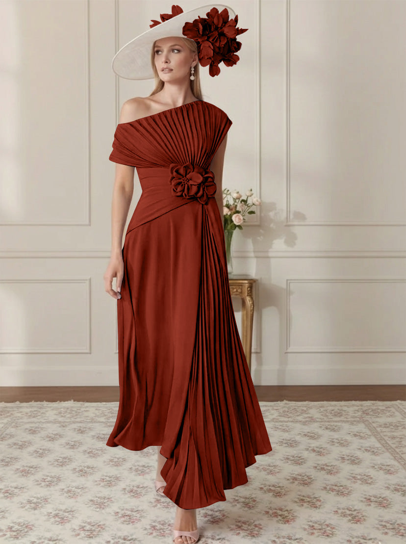 Robe Mère de la Mariée, Ligne A/Princesse, Hors de l'épaule, Crêpe Élastique, Manches Courtes, Plissé, Longueur de la Cheville
