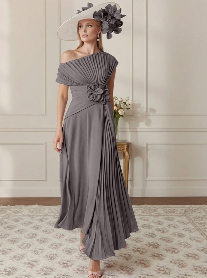 Robe Mère de la Mariée, Ligne A/Princesse, Hors de l'épaule, Crêpe Élastique, Manches Courtes, Plissé, Longueur de la Cheville