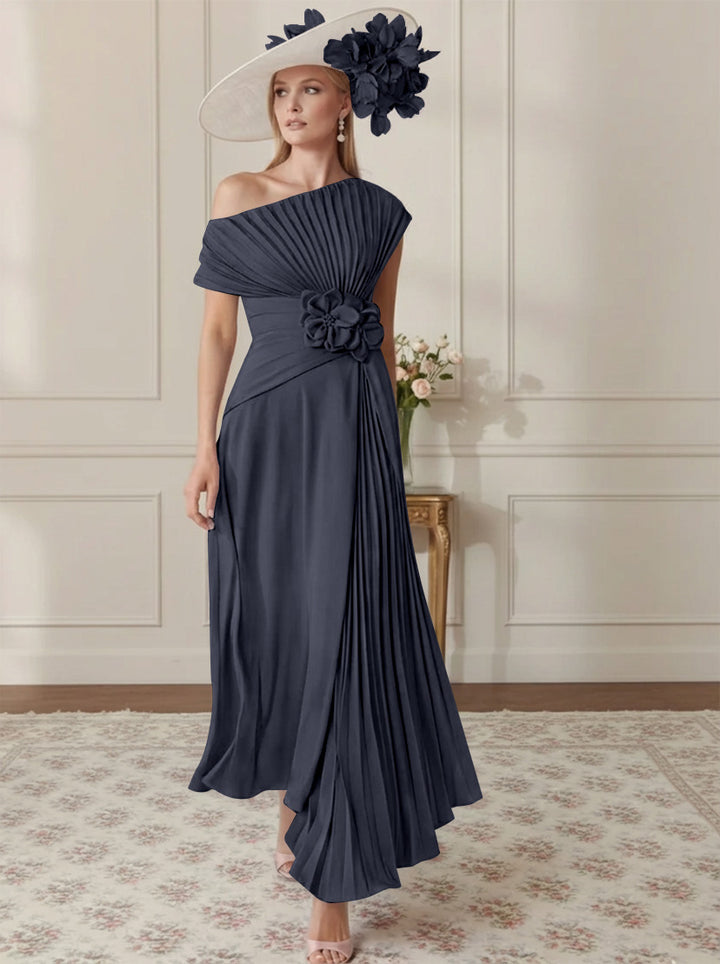 Robe Mère de la Mariée, Ligne A/Princesse, Hors de l'épaule, Crêpe Élastique, Manches Courtes, Plissé, Longueur de la Cheville