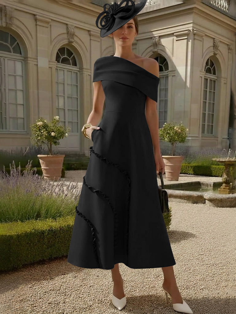 Robes pour Mère de la Mariée, Ligne A/Princesse, Une Épaule Nue, Satin Élastique, Longueur Midi, Sans Manches
