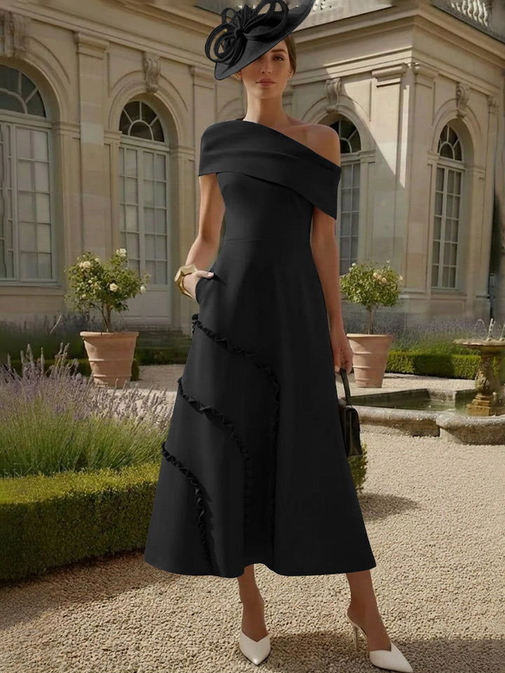 Robes pour Mère de la Mariée, Ligne A/Princesse, Une Épaule Nue, Satin Élastique, Longueur Midi, Sans Manches