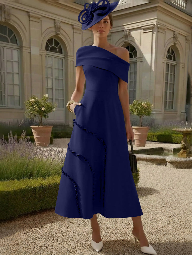 Robes pour Mère de la Mariée, Ligne A/Princesse, Une Épaule Nue, Satin Élastique, Longueur Midi, Sans Manches