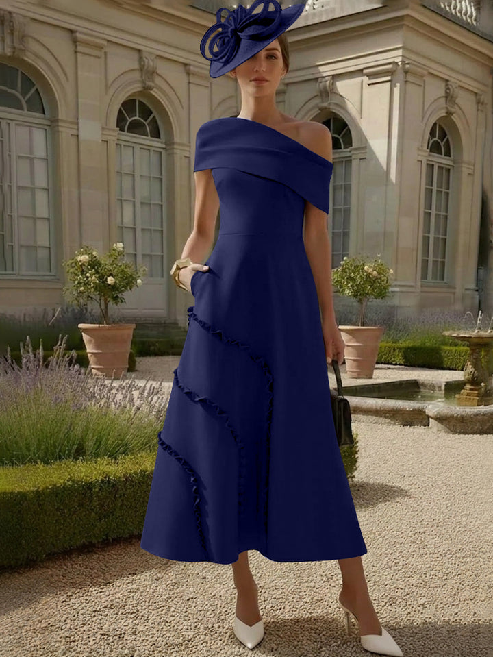 Robes pour Mère de la Mariée, Ligne A/Princesse, Une Épaule Nue, Satin Élastique, Longueur Midi, Sans Manches