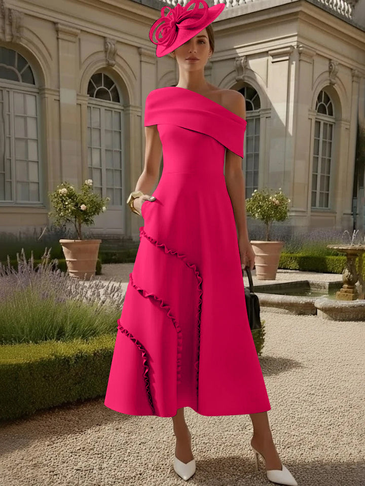 Robes pour Mère de la Mariée, Ligne A/Princesse, Une Épaule Nue, Satin Élastique, Longueur Midi, Sans Manches
