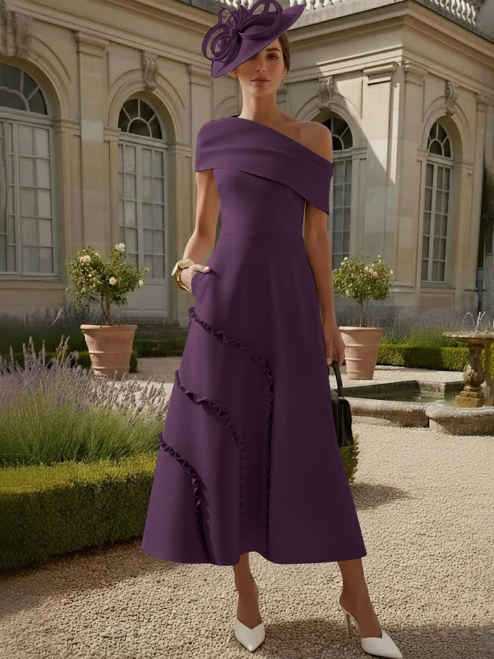 Robes pour Mère de la Mariée, Ligne A/Princesse, Une Épaule Nue, Satin Élastique, Longueur Midi, Sans Manches