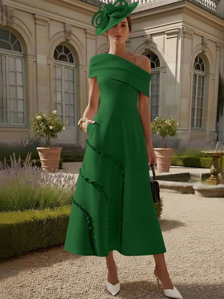 Robes pour Mère de la Mariée, Ligne A/Princesse, Une Épaule Nue, Satin Élastique, Longueur Midi, Sans Manches