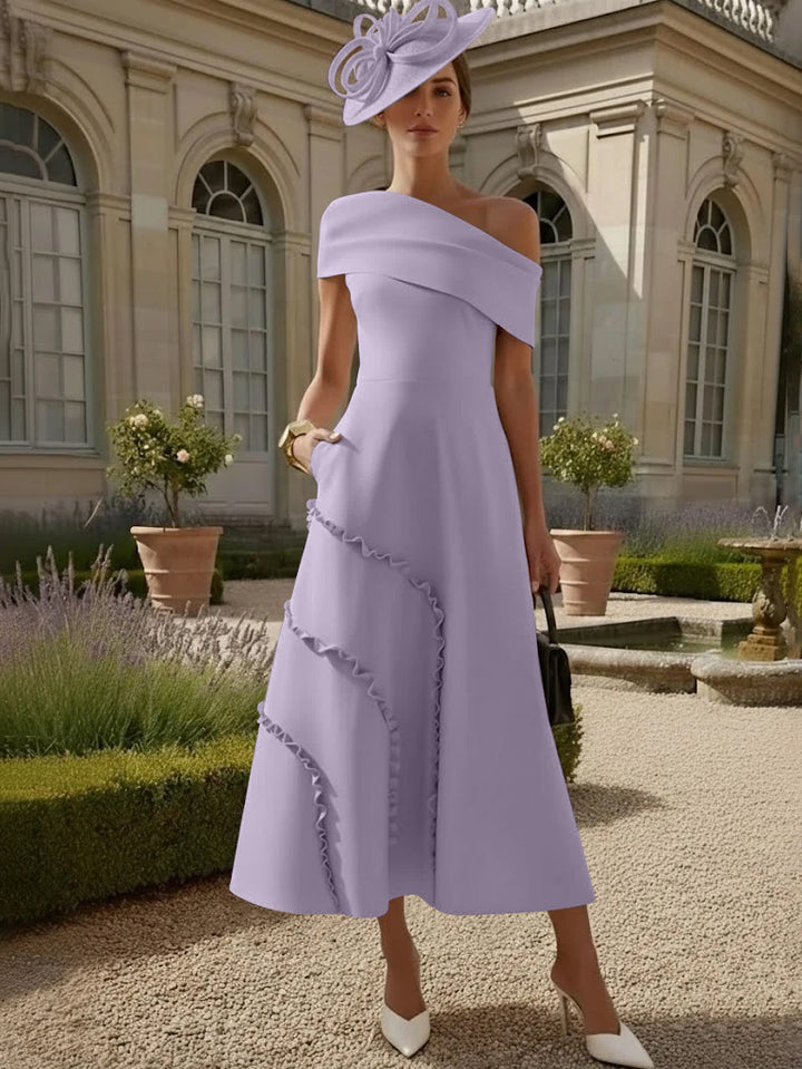 Robes pour Mère de la Mariée, Ligne A/Princesse, Une Épaule Nue, Satin Élastique, Longueur Midi, Sans Manches