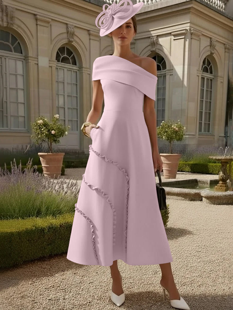 Robes pour Mère de la Mariée, Ligne A/Princesse, Une Épaule Nue, Satin Élastique, Longueur Midi, Sans Manches