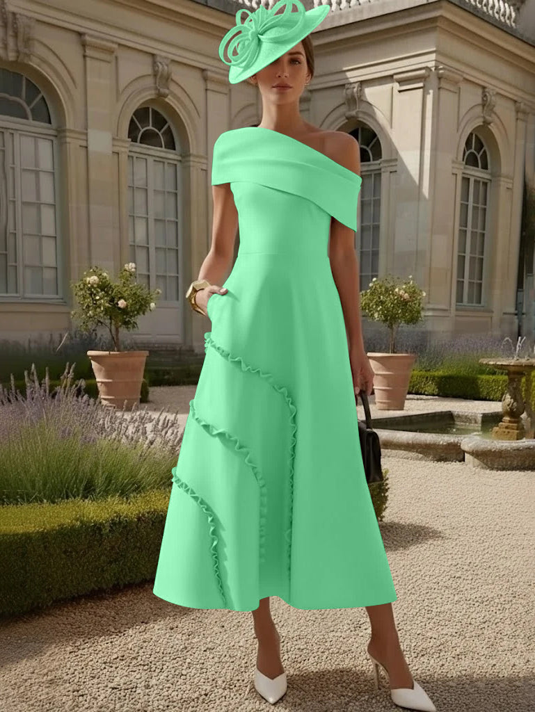 Robes pour Mère de la Mariée, Ligne A/Princesse, Une Épaule Nue, Satin Élastique, Longueur Midi, Sans Manches