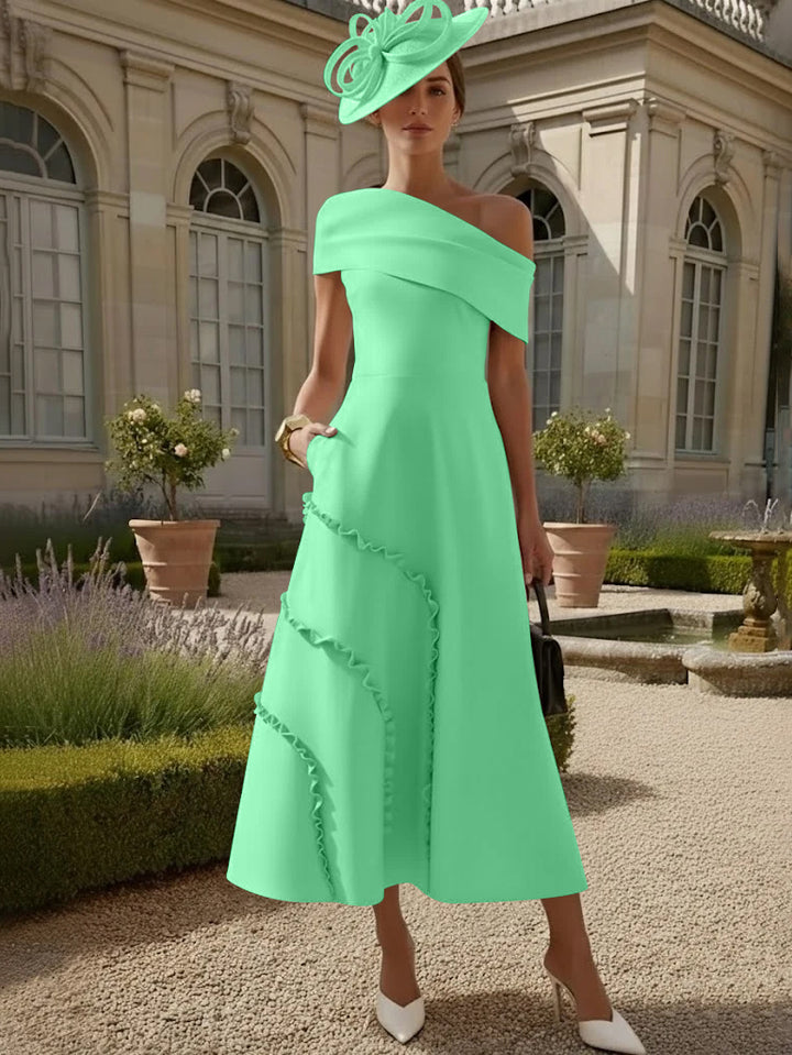 Robes pour Mère de la Mariée, Ligne A/Princesse, Une Épaule Nue, Satin Élastique, Longueur Midi, Sans Manches