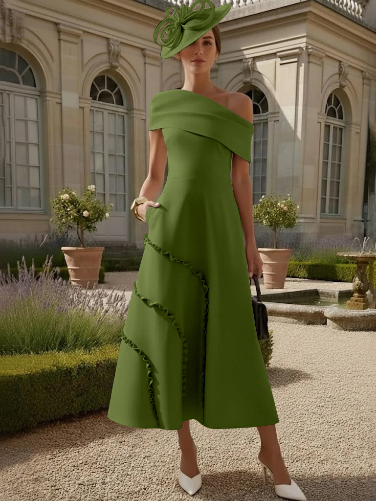 Robes pour Mère de la Mariée, Ligne A/Princesse, Une Épaule Nue, Satin Élastique, Longueur Midi, Sans Manches