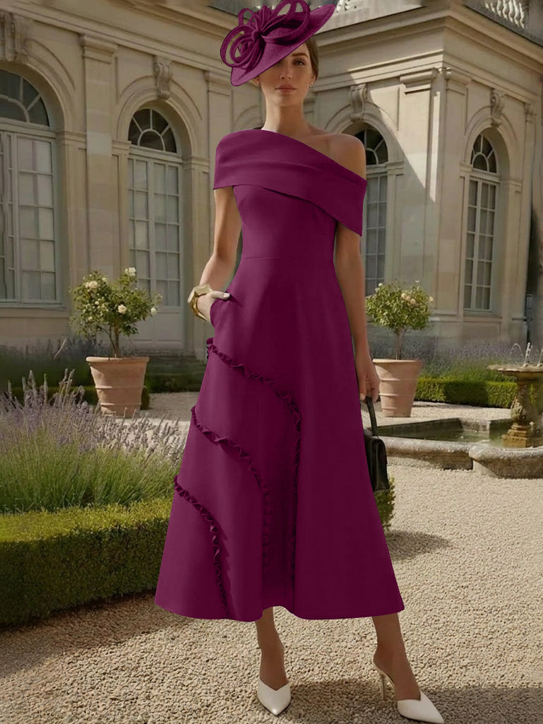 Robes pour Mère de la Mariée, Ligne A/Princesse, Une Épaule Nue, Satin Élastique, Longueur Midi, Sans Manches