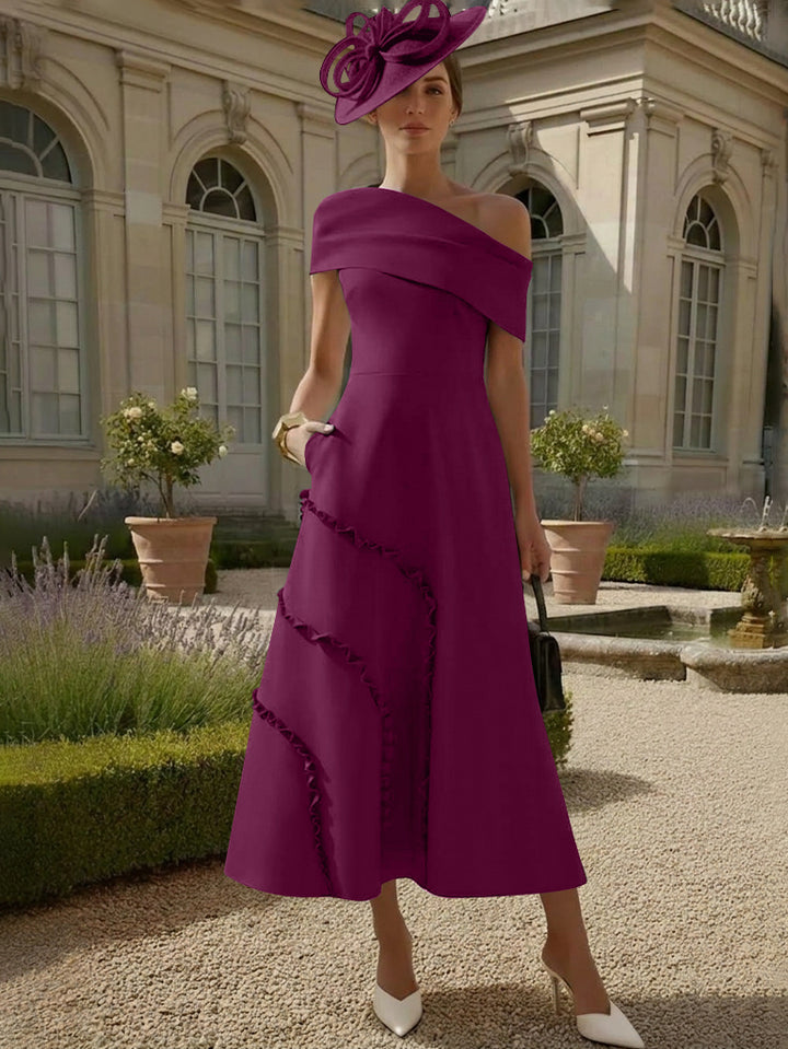 Robes pour Mère de la Mariée, Ligne A/Princesse, Une Épaule Nue, Satin Élastique, Longueur Midi, Sans Manches