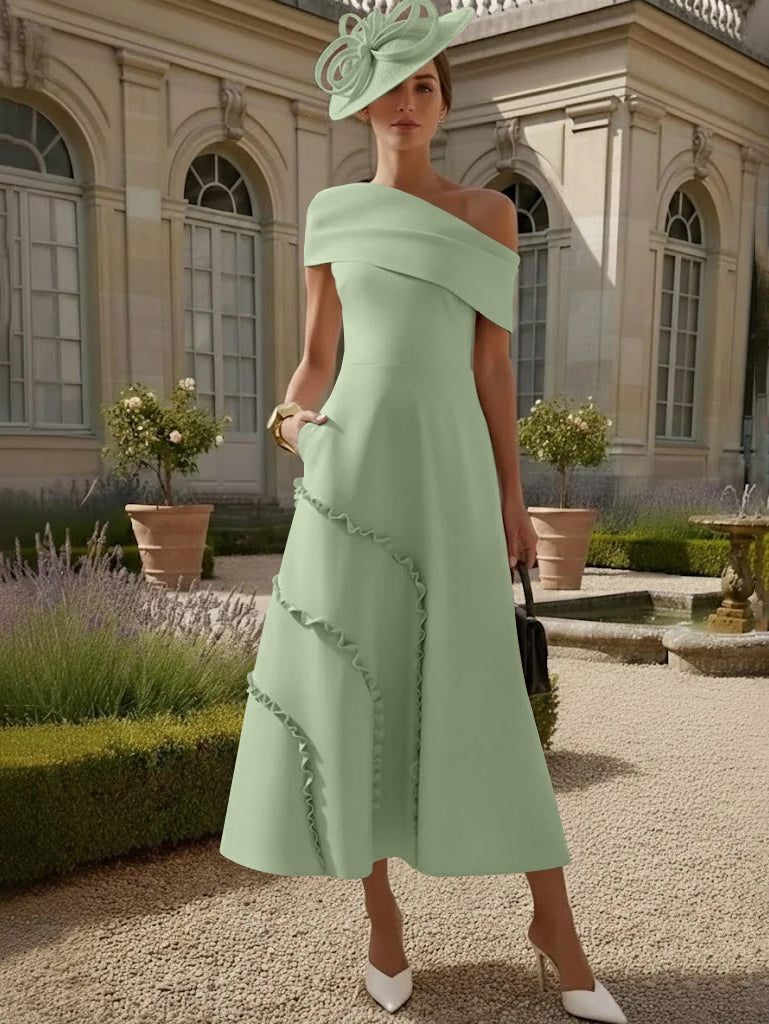 Robes pour Mère de la Mariée, Ligne A/Princesse, Une Épaule Nue, Satin Élastique, Longueur Midi, Sans Manches