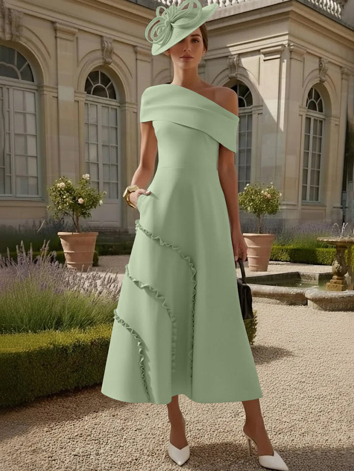 Robes pour Mère de la Mariée, Ligne A/Princesse, Une Épaule Nue, Satin Élastique, Longueur Midi, Sans Manches