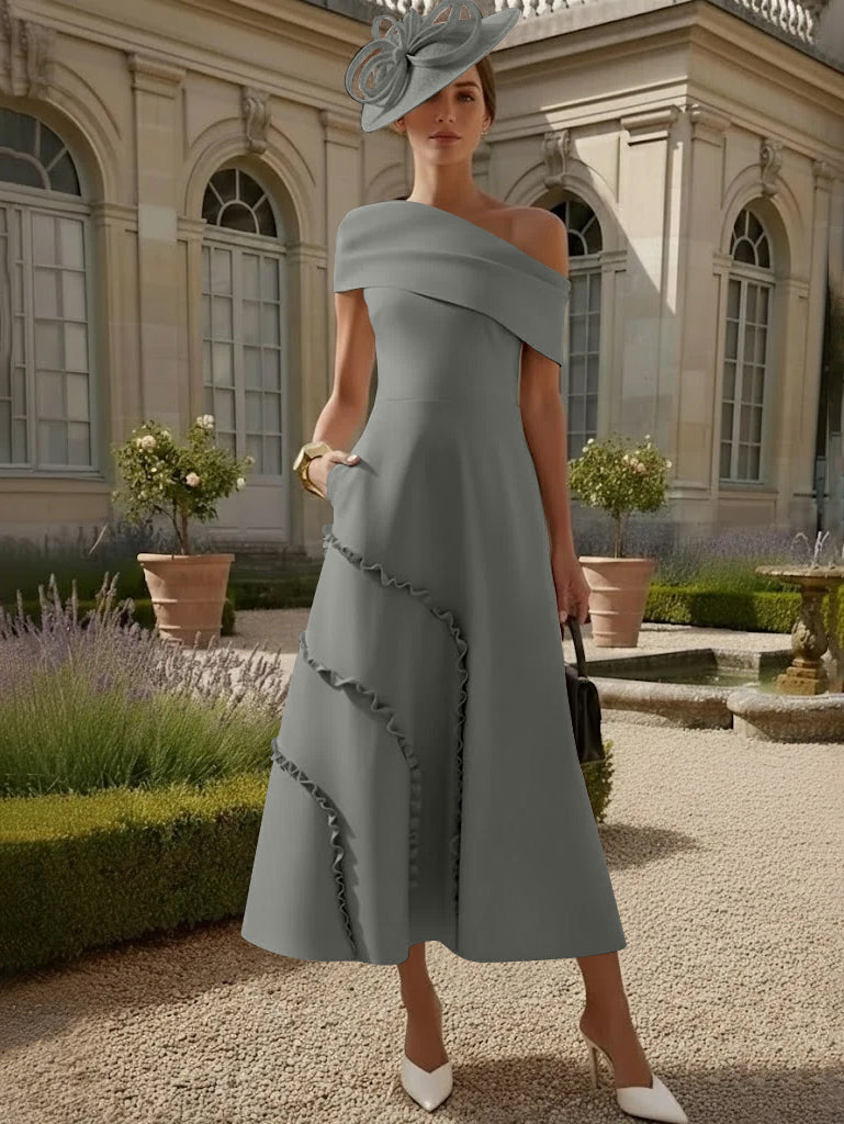 Robes pour Mère de la Mariée, Ligne A/Princesse, Une Épaule Nue, Satin Élastique, Longueur Midi, Sans Manches