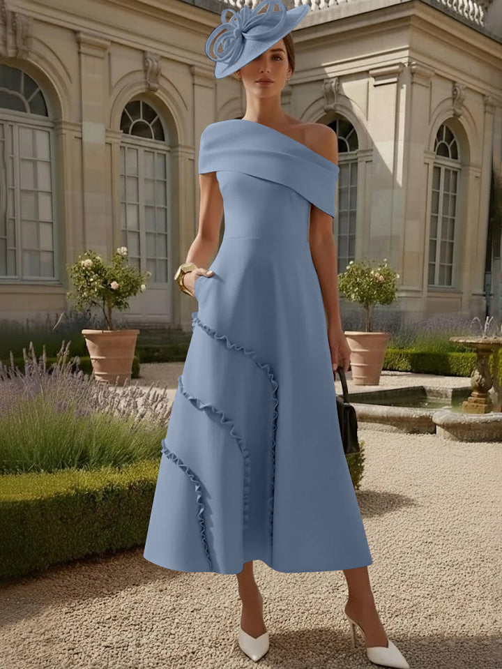 Robes pour Mère de la Mariée, Ligne A/Princesse, Une Épaule Nue, Satin Élastique, Longueur Midi, Sans Manches