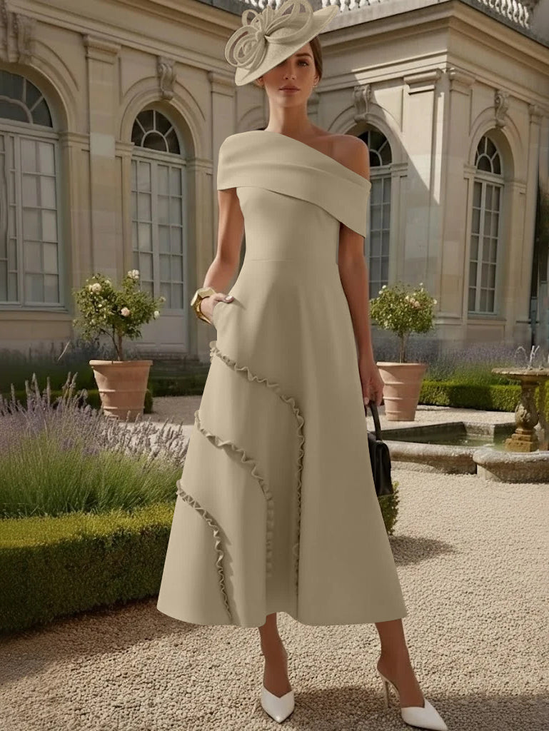 Robes pour Mère de la Mariée, Ligne A/Princesse, Une Épaule Nue, Satin Élastique, Longueur Midi, Sans Manches