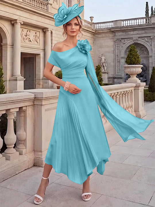 Robes pour mère de la mariée, coupe A ou princesse, une épaule dénudée, en mousseline, longueur cheville, sans manches, asymétriques, avec fleurs 3D