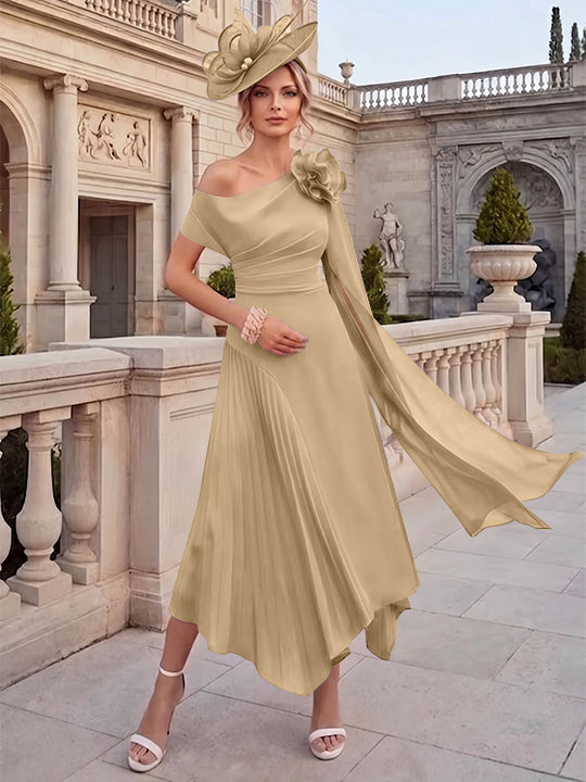 Robes pour mère de la mariée, coupe A ou princesse, une épaule dénudée, en mousseline, longueur cheville, sans manches, asymétriques, avec fleurs 3D