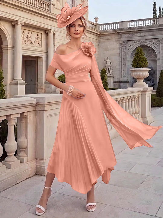 Robes pour mère de la mariée, coupe A ou princesse, une épaule dénudée, en mousseline, longueur cheville, sans manches, asymétriques, avec fleurs 3D
