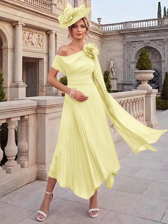 Robes pour mère de la mariée, coupe A ou princesse, une épaule dénudée, en mousseline, longueur cheville, sans manches, asymétriques, avec fleurs 3D