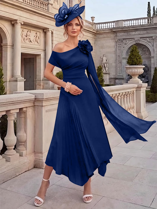 Robes pour mère de la mariée, coupe A ou princesse, une épaule dénudée, en mousseline, longueur cheville, sans manches, asymétriques, avec fleurs 3D