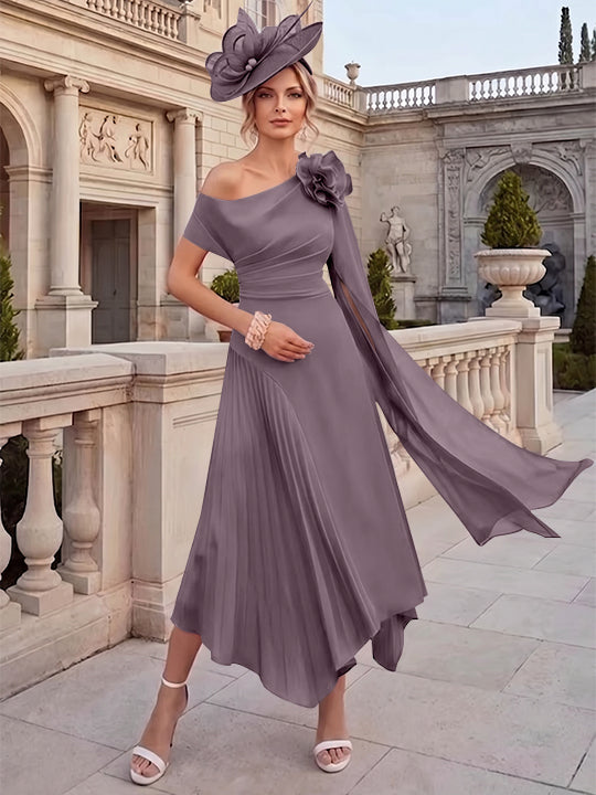 Robes pour mère de la mariée, coupe A ou princesse, une épaule dénudée, en mousseline, longueur cheville, sans manches, asymétriques, avec fleurs 3D