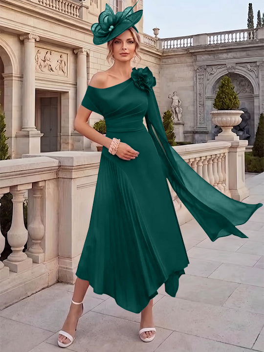 Robes pour mère de la mariée, coupe A ou princesse, une épaule dénudée, en mousseline, longueur cheville, sans manches, asymétriques, avec fleurs 3D