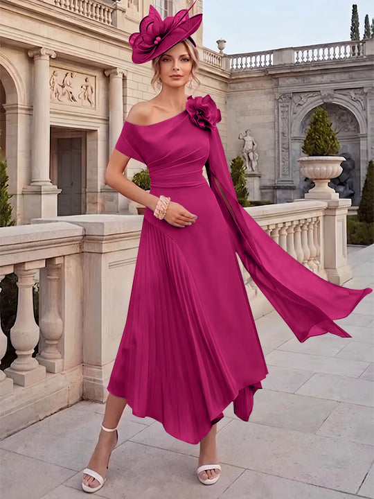 Robes pour mère de la mariée, coupe A ou princesse, une épaule dénudée, en mousseline, longueur cheville, sans manches, asymétriques, avec fleurs 3D