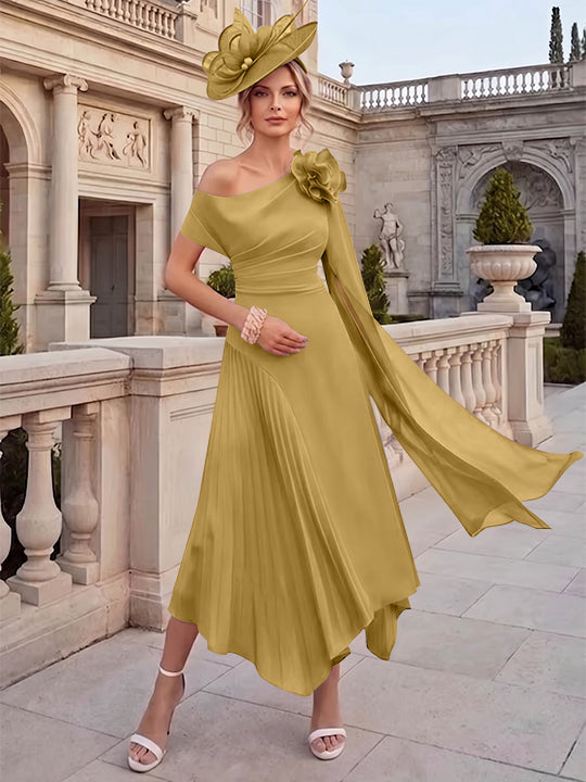 Robes pour mère de la mariée, coupe A ou princesse, une épaule dénudée, en mousseline, longueur cheville, sans manches, asymétriques, avec fleurs 3D