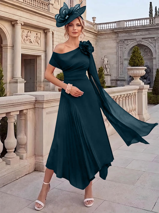 Robes pour mère de la mariée, coupe A ou princesse, une épaule dénudée, en mousseline, longueur cheville, sans manches, asymétriques, avec fleurs 3D