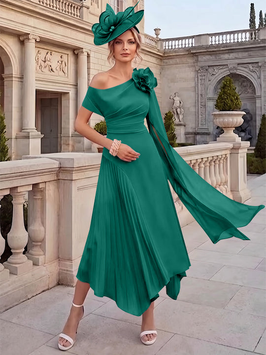 Robes pour mère de la mariée, coupe A ou princesse, une épaule dénudée, en mousseline, longueur cheville, sans manches, asymétriques, avec fleurs 3D