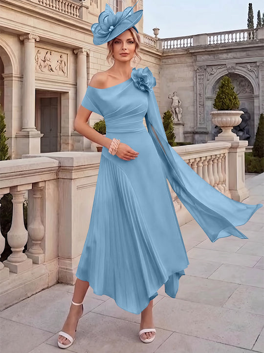 Robes pour mère de la mariée, coupe A ou princesse, une épaule dénudée, en mousseline, longueur cheville, sans manches, asymétriques, avec fleurs 3D