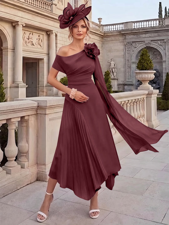 Robes pour mère de la mariée, coupe A ou princesse, une épaule dénudée, en mousseline, longueur cheville, sans manches, asymétriques, avec fleurs 3D