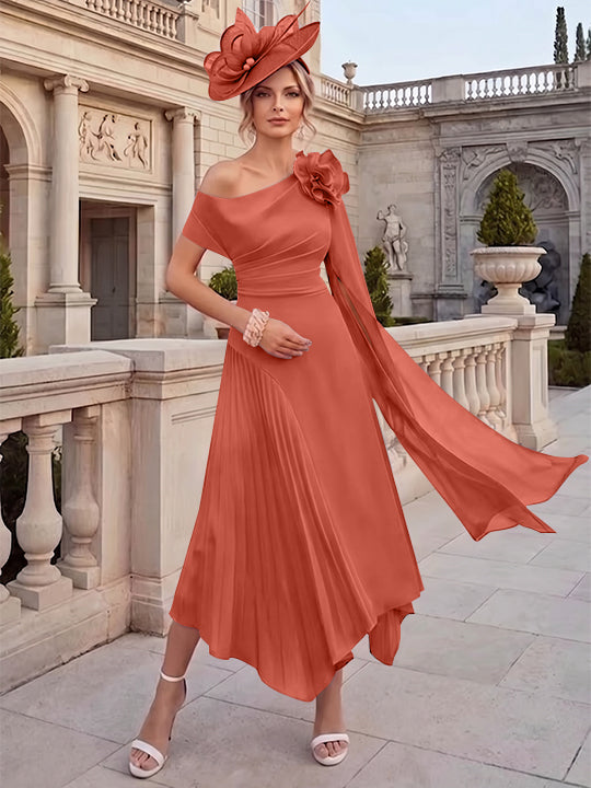 Robes pour mère de la mariée, coupe A ou princesse, une épaule dénudée, en mousseline, longueur cheville, sans manches, asymétriques, avec fleurs 3D